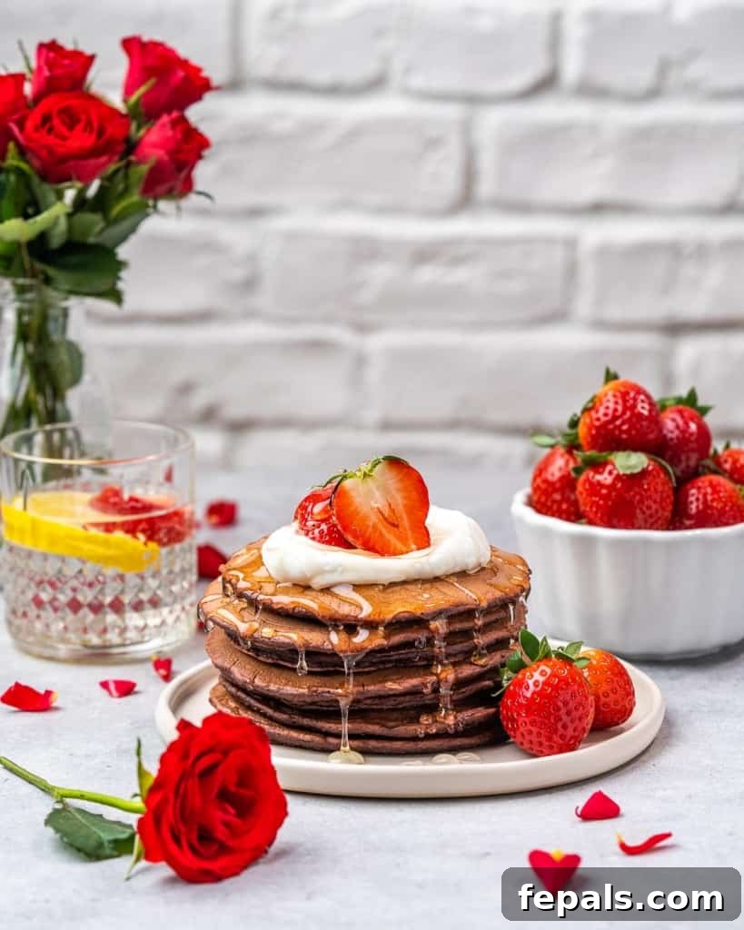festive pancakes with roses and fresh strawberries next to pancakes 