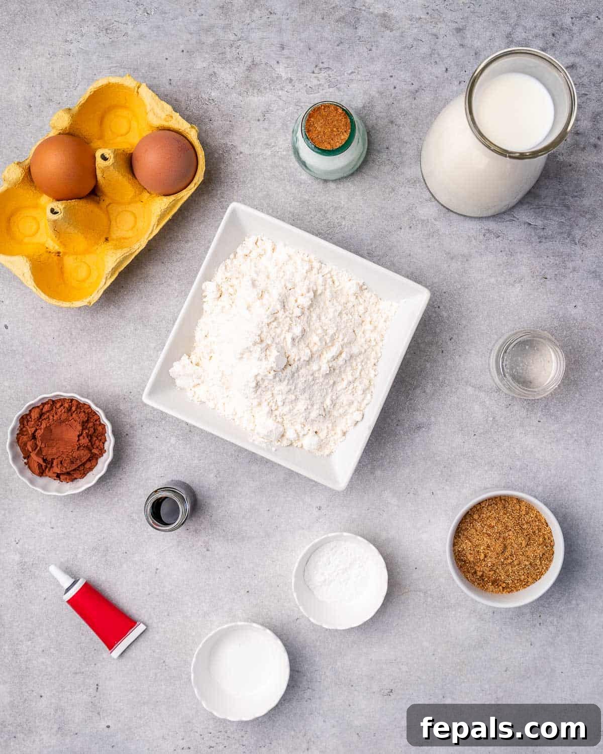 Ingredients for red velvet cupcakes on counter.