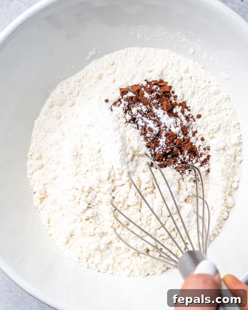 Whisking dry ingredients in white bowl. 