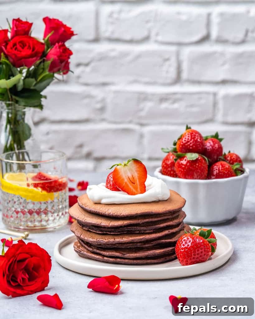 Red velvet pancakes stacked on plate with toppings. 