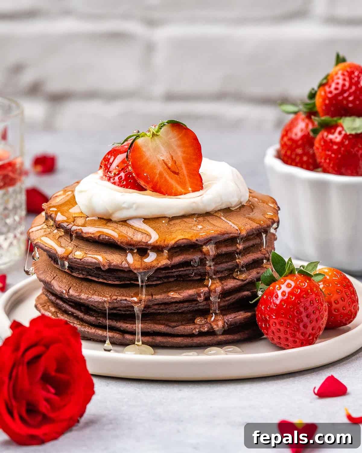 Pancakes stacked on plate dripping with syrup. 
