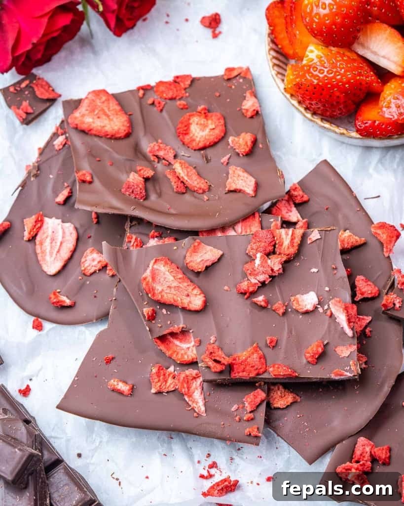 Nourishing Chocolate Bark 2 top view chocolate bark pieces topped with dried strawberries