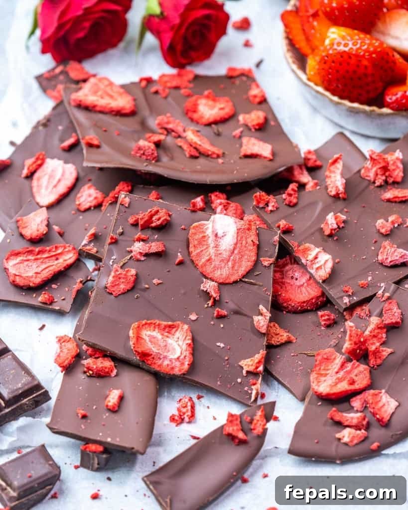 Nourishing Chocolate Bark 3 side shot of broke chocolate bark topped with strawberries