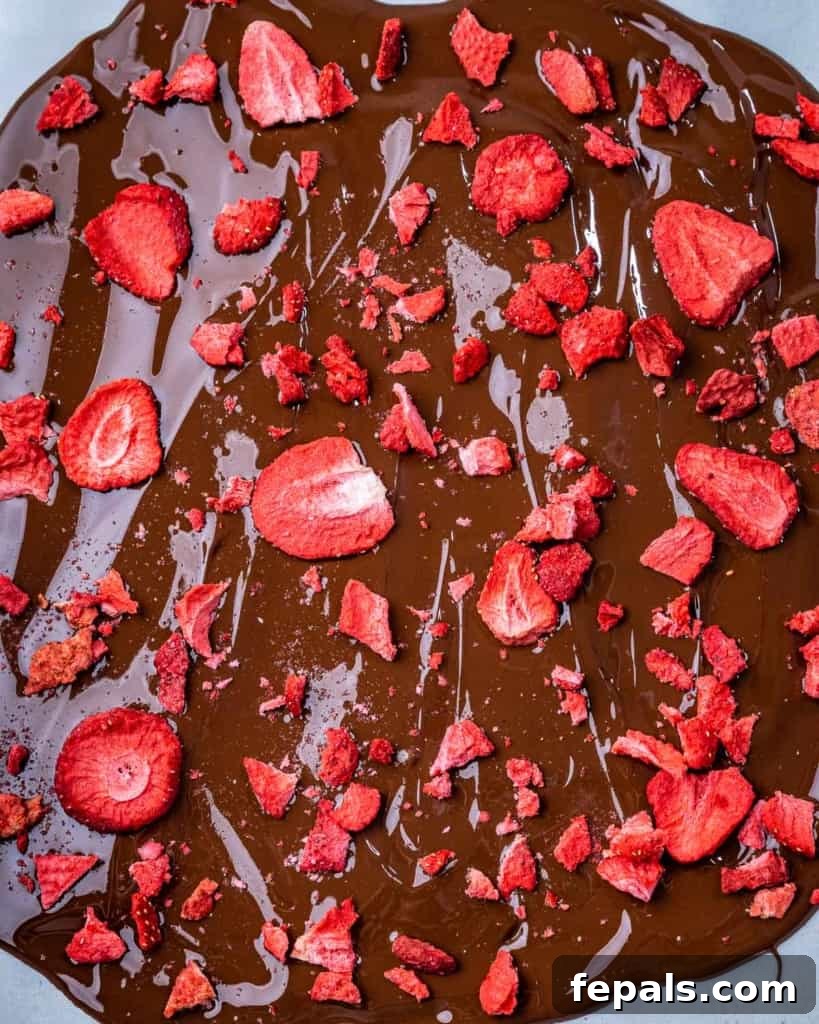 Nourishing Chocolate Bark 6 dried strawberries added over melted chocolate