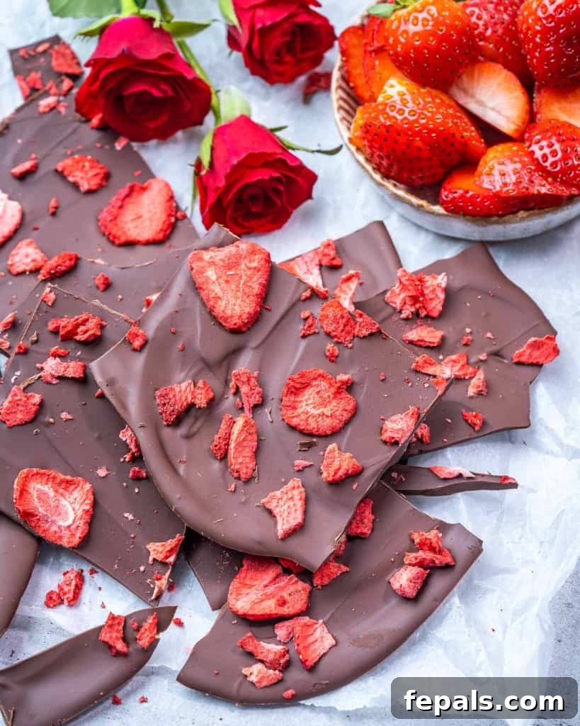 Nourishing Chocolate Bark 9 top view valentines bark with a side of strawberries and red roses on the side