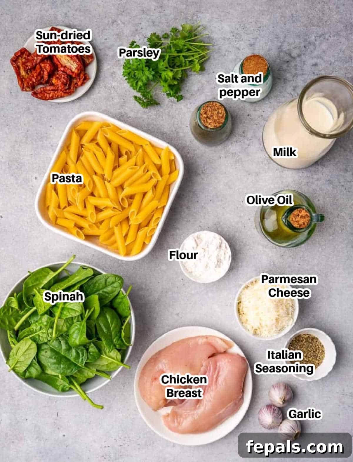 Creamy Chicken Spinach Pasta 4 ingredients for creamy spinach and chicken pasta.