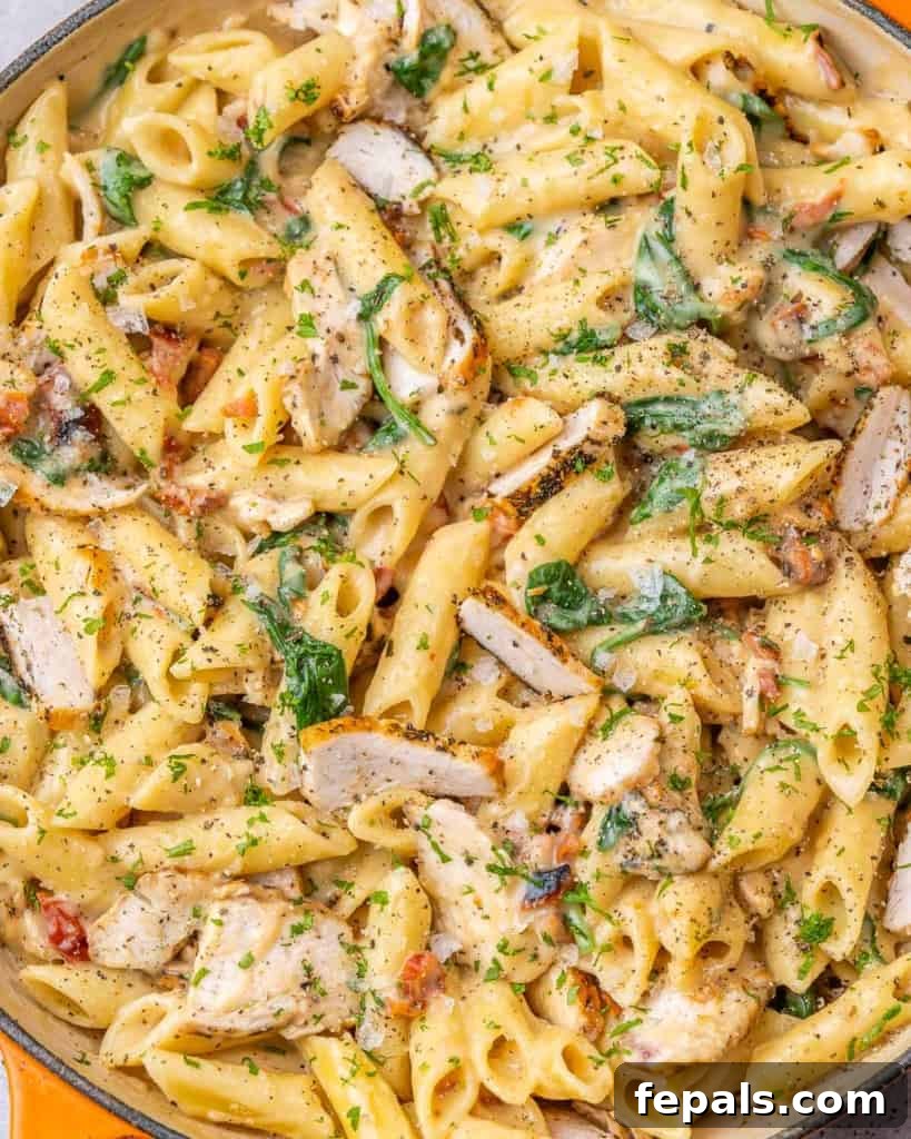 Creamy Chicken Spinach Pasta 9 Top view of spinach with chicken