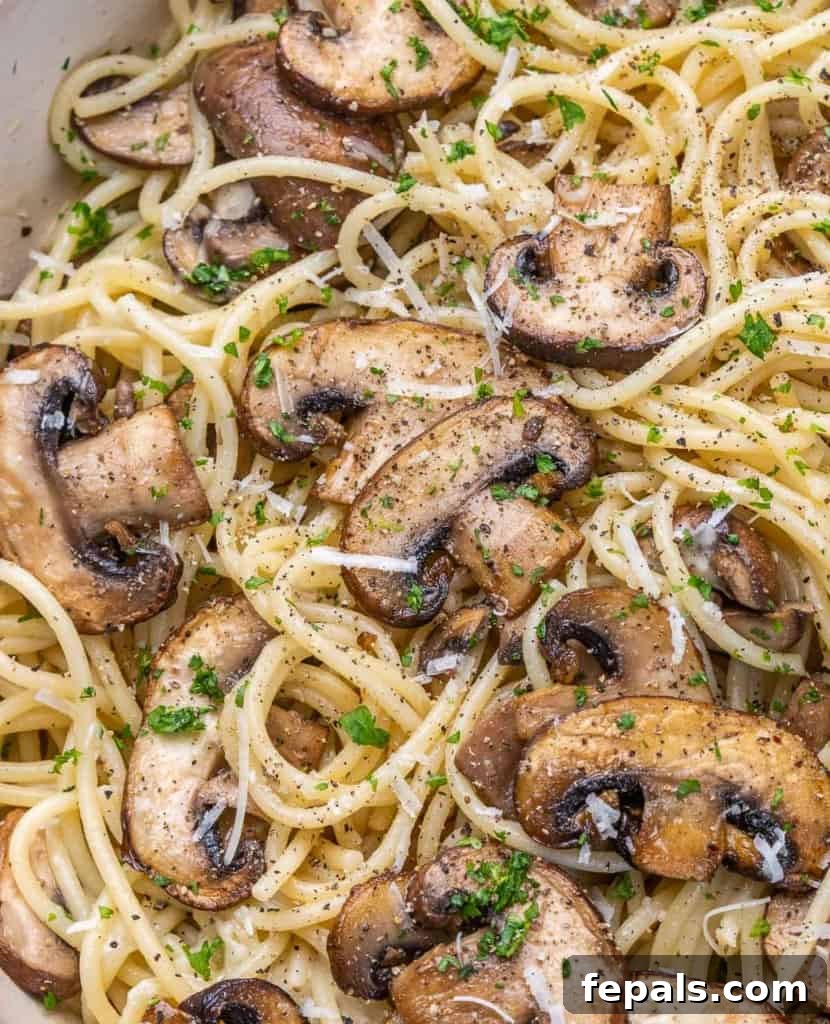 A vibrant close-up shot of mushroom pasta, showcasing the rich sauce and fresh ingredients.