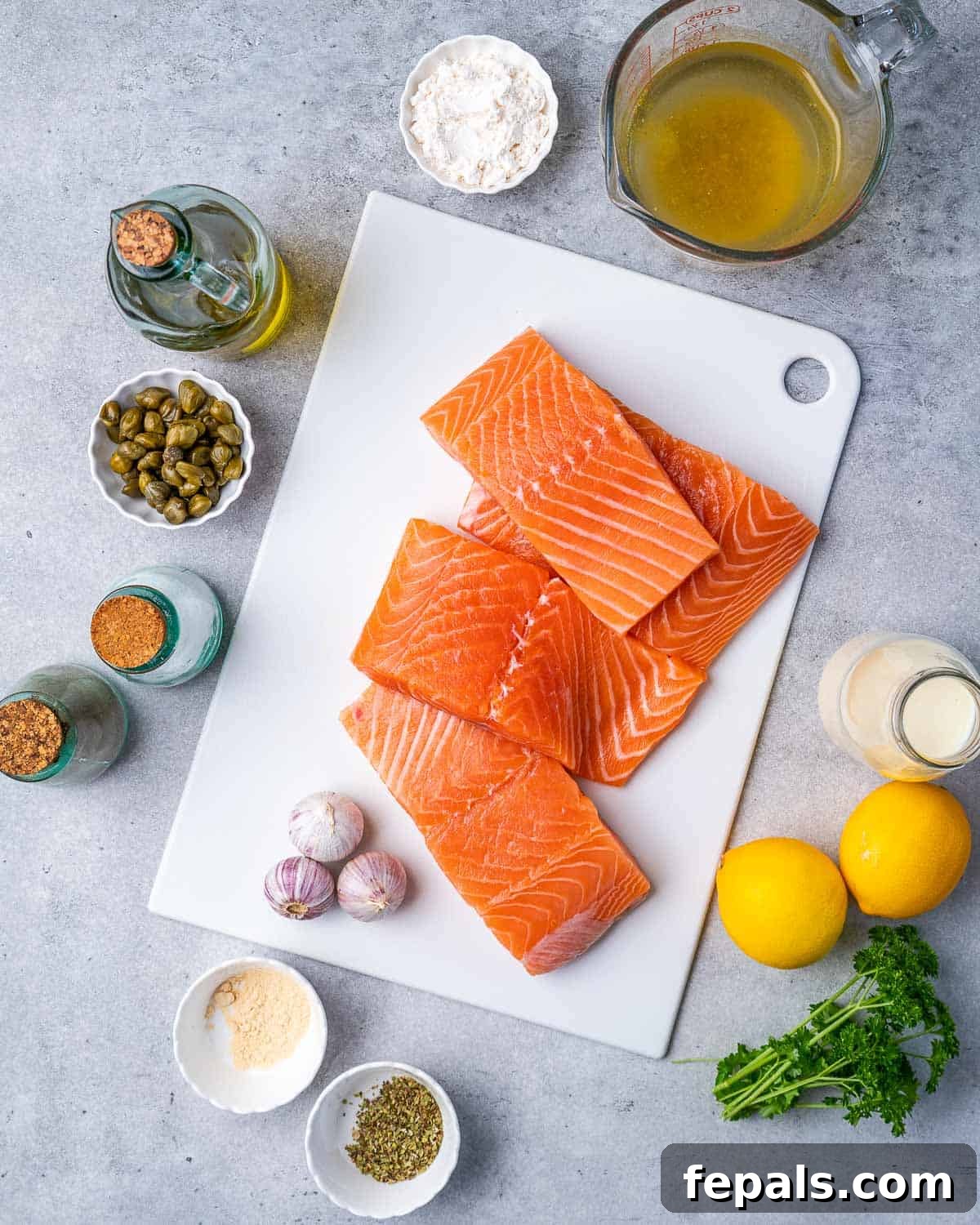 Zesty Salmon Piccata 4 All fresh ingredients for pan-seared salmon and lemon caper sauce neatly arranged on a kitchen counter, ready for preparation.