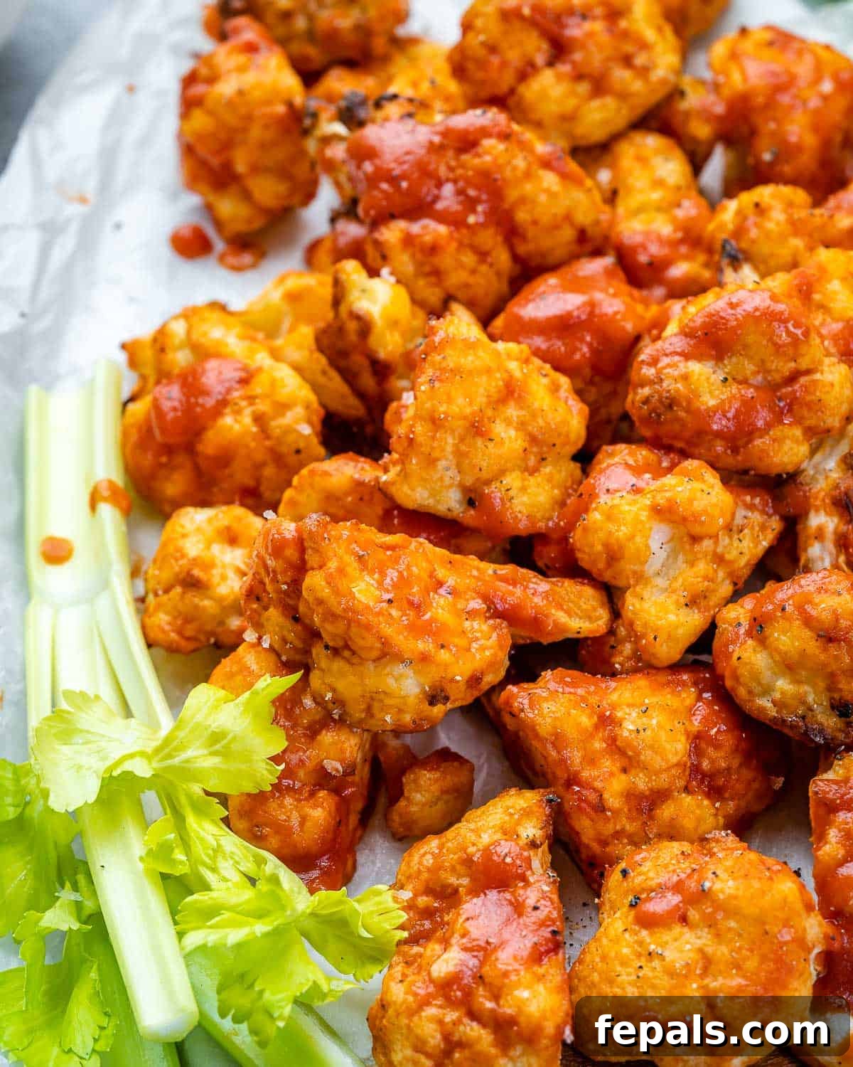 White dish filled with air fryer buffalo cauliflower bites, accompanied by fresh celery stalks and a side of dipping sauce.