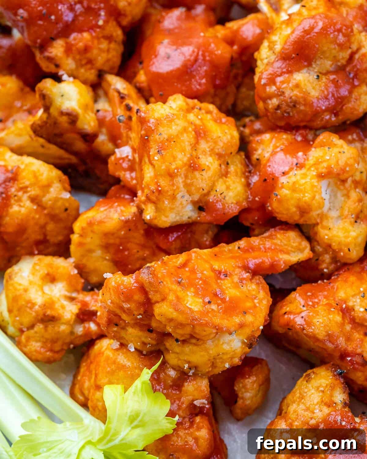 Close up of individual air fryer cauliflower bites coated in glossy buffalo sauce, showcasing their appealing texture.