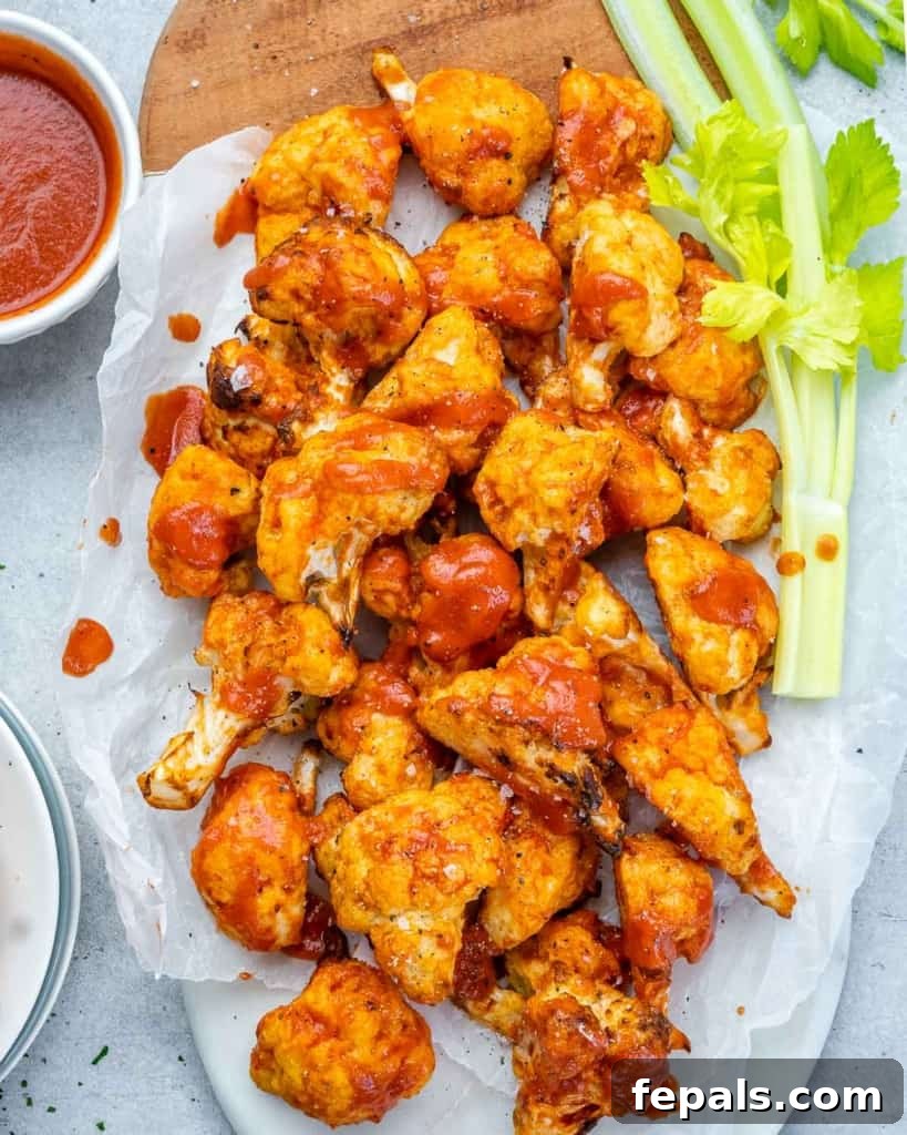Top view of buffalo cauliflower bites neatly arranged in a white dish, garnished with fresh parsley.