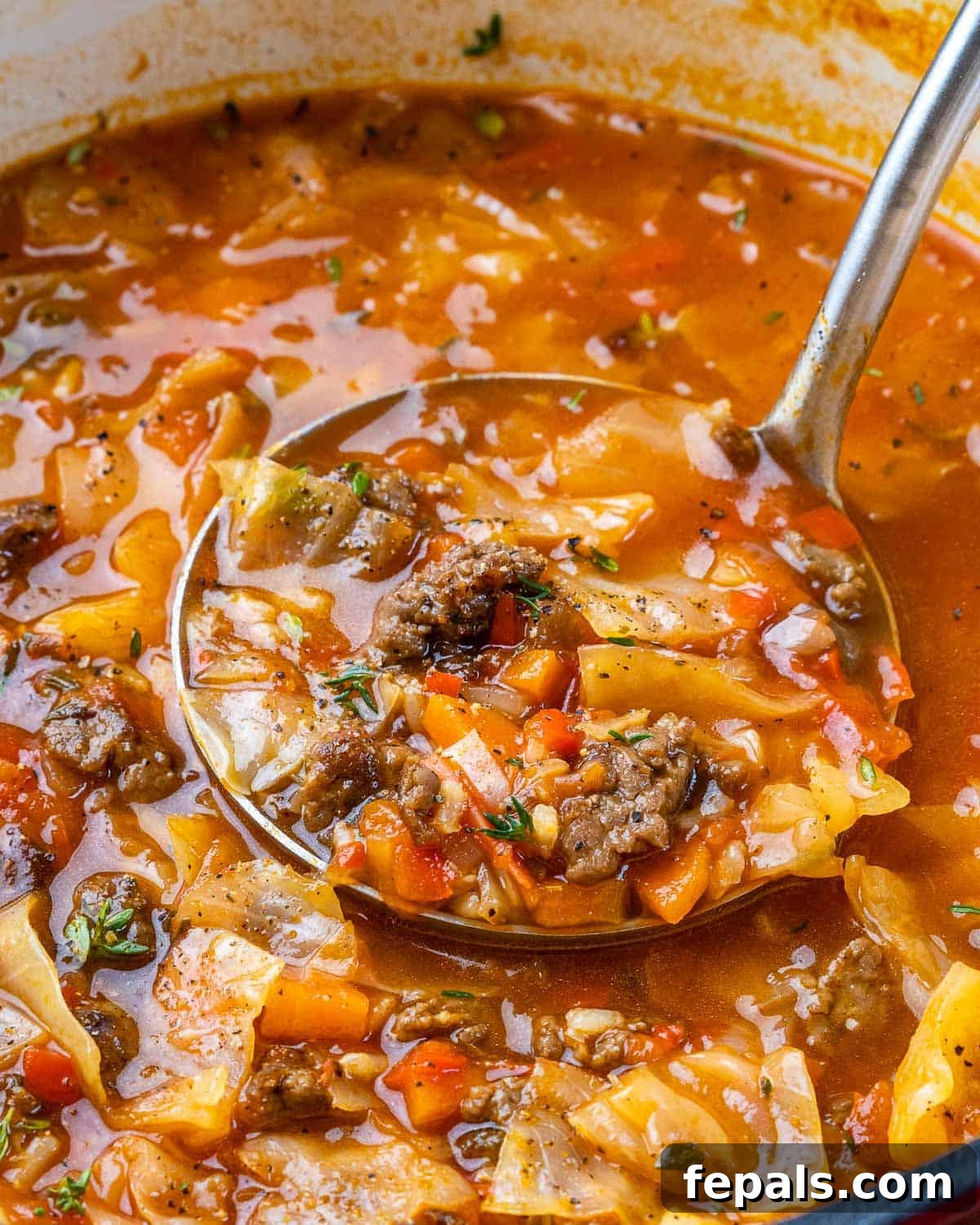 Hearty Unrolled Cabbage Soup 9 Close-up view of a ladle filled with rich and hearty cabbage roll soup, ready to be served.