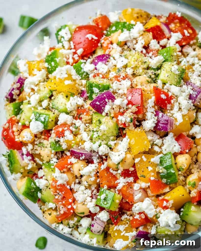 Vibrant Chickpea Quinoa Salad 8 close up chickpea veggie and quinoa salad topped with feta cheese