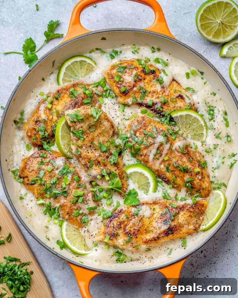 Tropical Coconut Chicken Feast 2 top view creamy chicken breast with lime garnishes in an orange pan