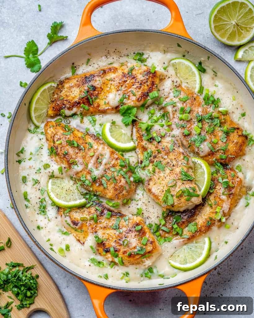 Tropical Coconut Chicken Feast 9 top view creamy chicken breast in an orange skillet