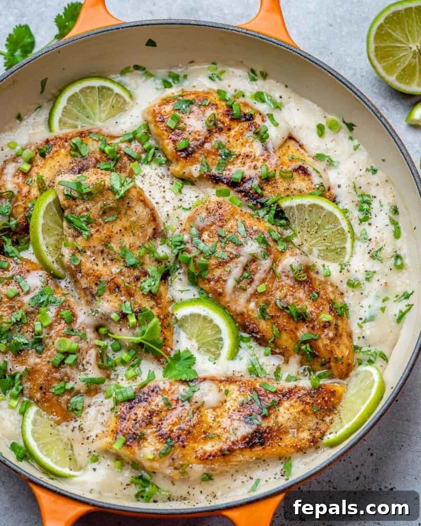 Tropical Coconut Chicken Feast 10 side shot of creamy chicken breast in a skillet
