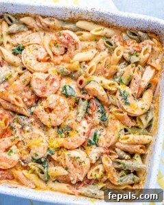 side shot of baked feta pasta and shrimp