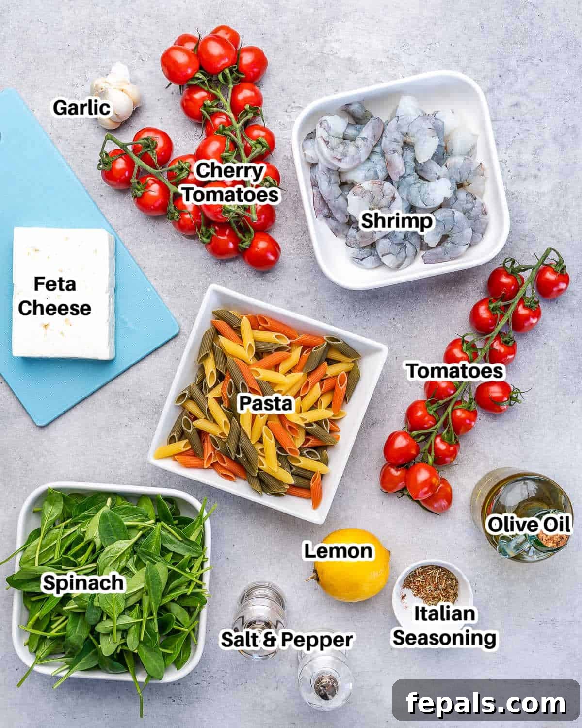 ingredients to make baked feta pasta with shrimp.