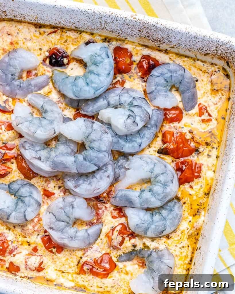 creamy feta base with raw shrimp over creamy sauce 