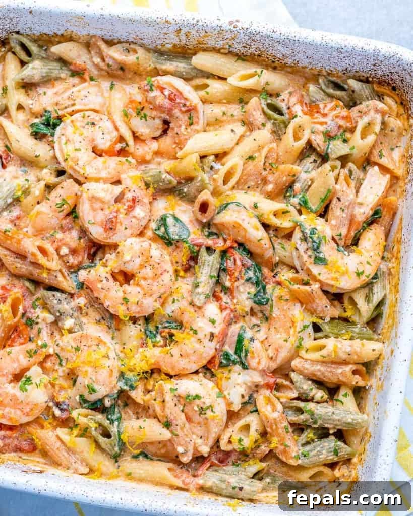 side shot of baked feta pasta and shrimp