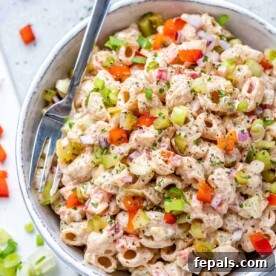 Grandma's Simple Macaroni Salad 11 top view macaroni salad in a white bowl