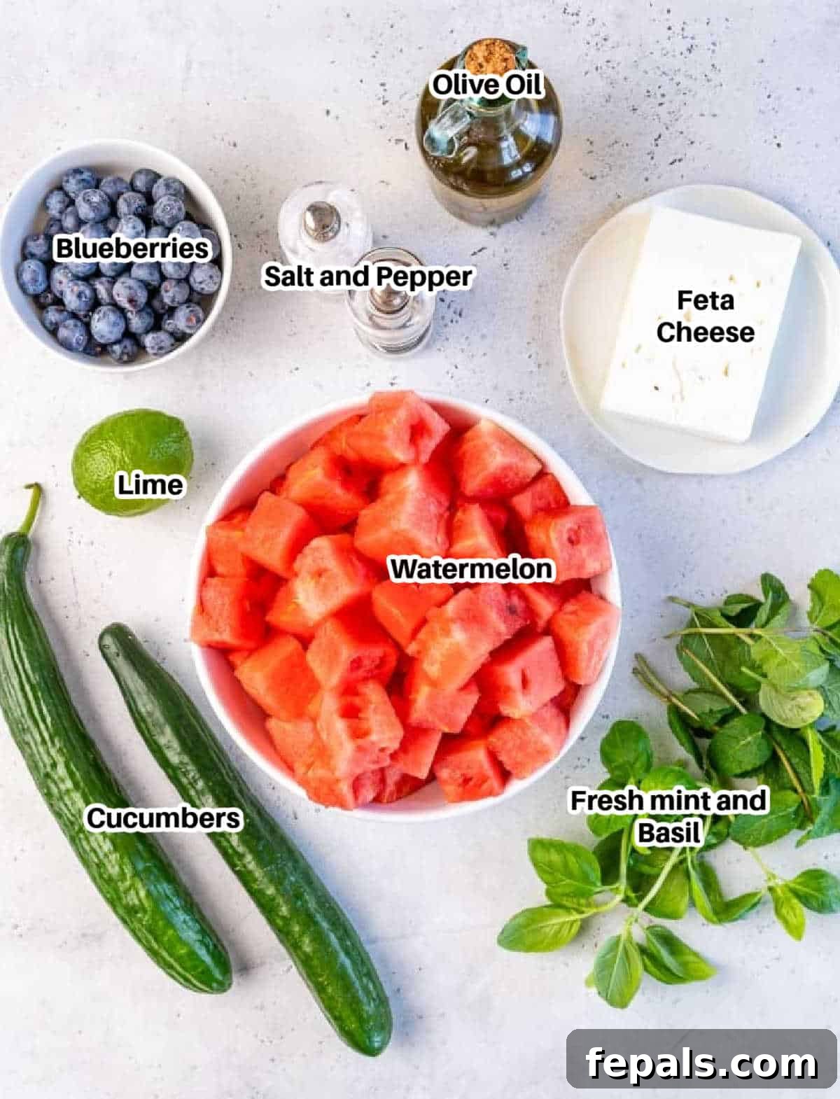Vibrant Watermelon Feta Salad 4 A flat lay image displaying all the fresh ingredients needed for watermelon feta salad: cubes of watermelon, chopped cucumbers, fresh blueberries, crumbled feta, mint leaves, basil leaves, lime, olive oil, and salt and pepper.
