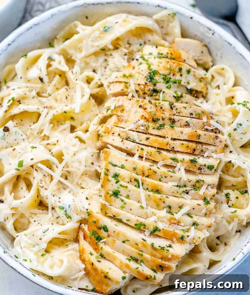 Creamy Chicken Fettuccine Bliss 8 top view chicken alfredo in a white bowl