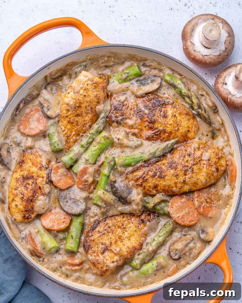Velvet Chicken Supper 2 Top view of creamy chicken fricassee in a large pan, garnished with fresh herbs.