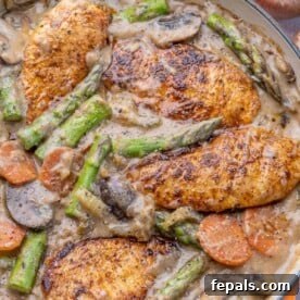 Chicken in pan with asparagus, celery, carrots, mushrooms, and other ingredients