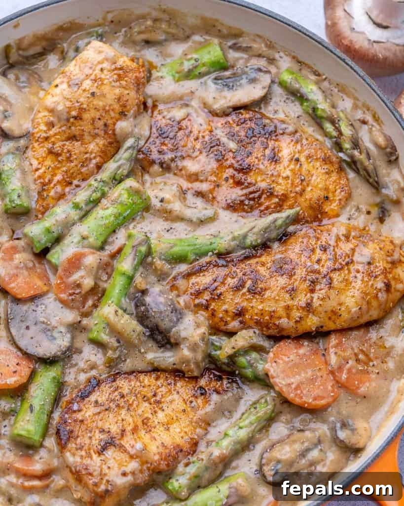 Velvet Chicken Supper 3 Chicken breasts searing in a pan with a colourful array of asparagus, celery, carrots, and mushrooms alongside, ready to be cooked into a rich fricassee.