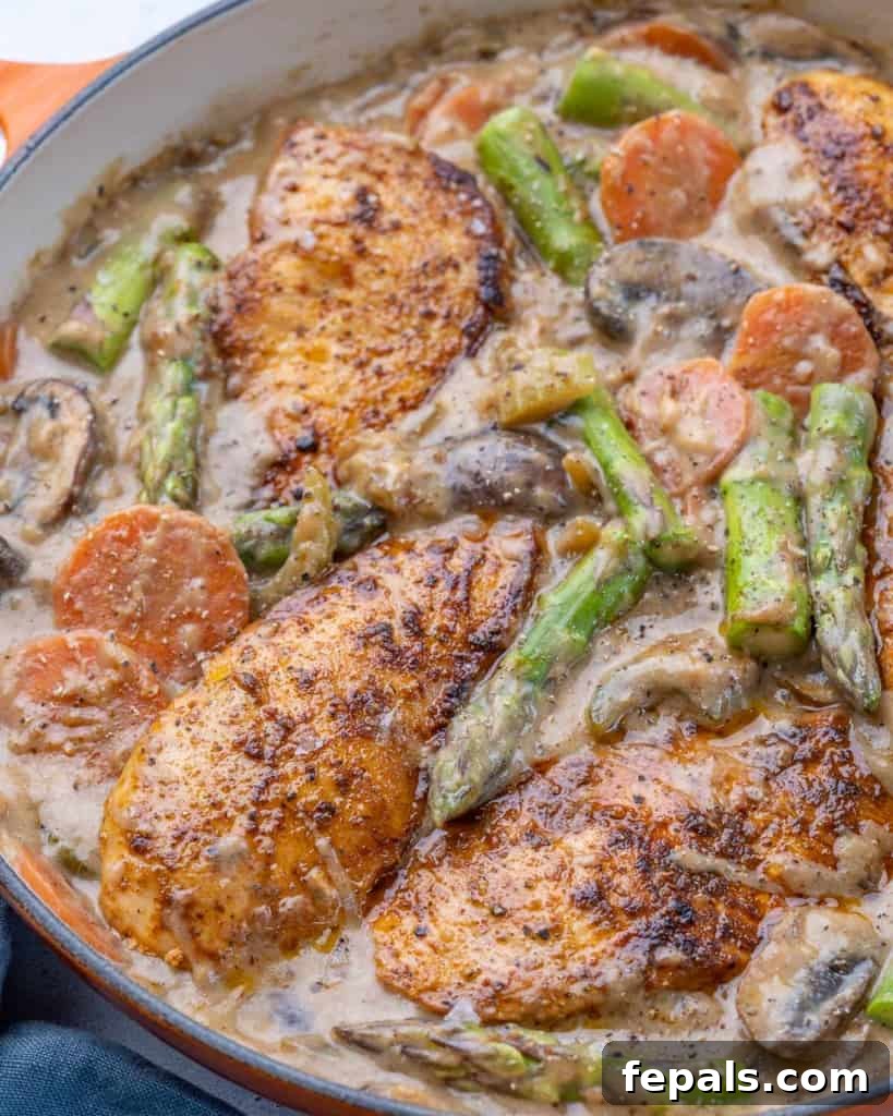 Velvet Chicken Supper 7 A savory chicken fricassee dish, richly colored with tender chicken pieces, bright asparagus, carrots, and mushrooms, served in a rustic orange pan.