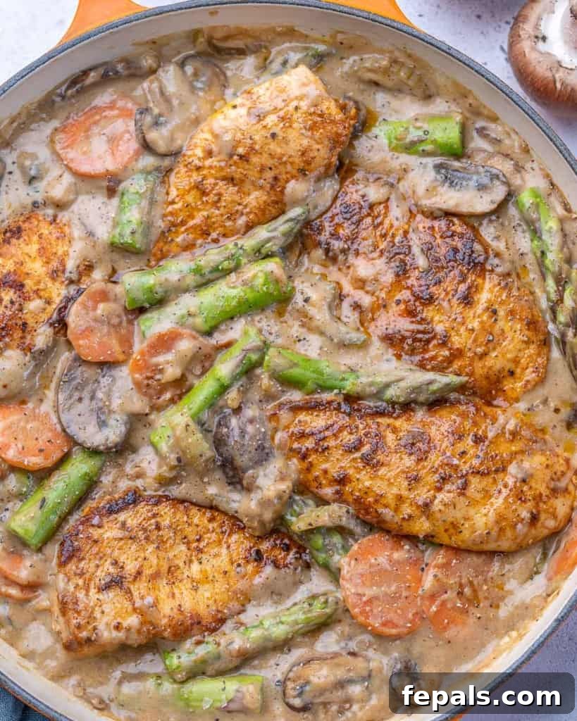 Velvet Chicken Supper 9 A vibrant and appetizing chicken fricassee, showcasing chicken pieces, asparagus, mushrooms, carrots, and celery, simmering in a rich orange pan, ready for serving.