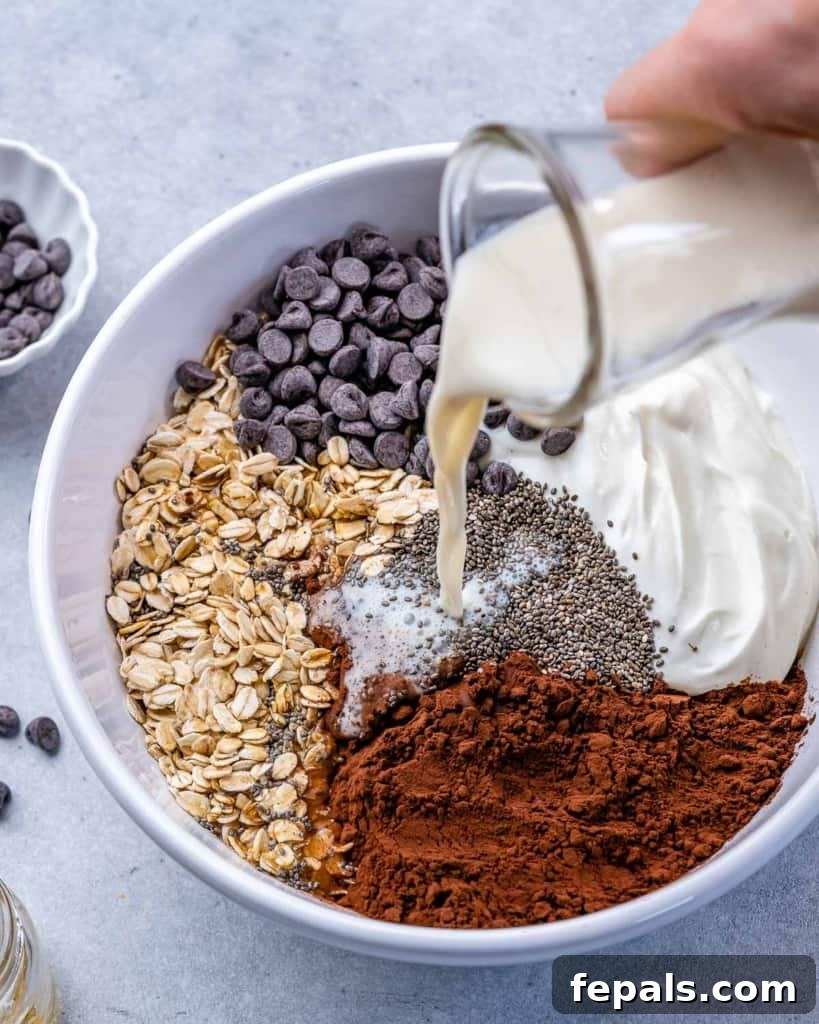 Sweet Dreams Chocolate Oats 5 Bowl of oats, cacao powder, chia seeds, yogurt, chocolate chips, and milk