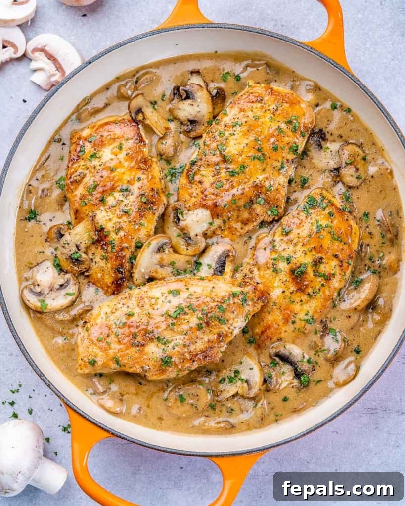 A vibrant pan filled with a creamy balsamic chicken skillet, garnished with fresh parsley.