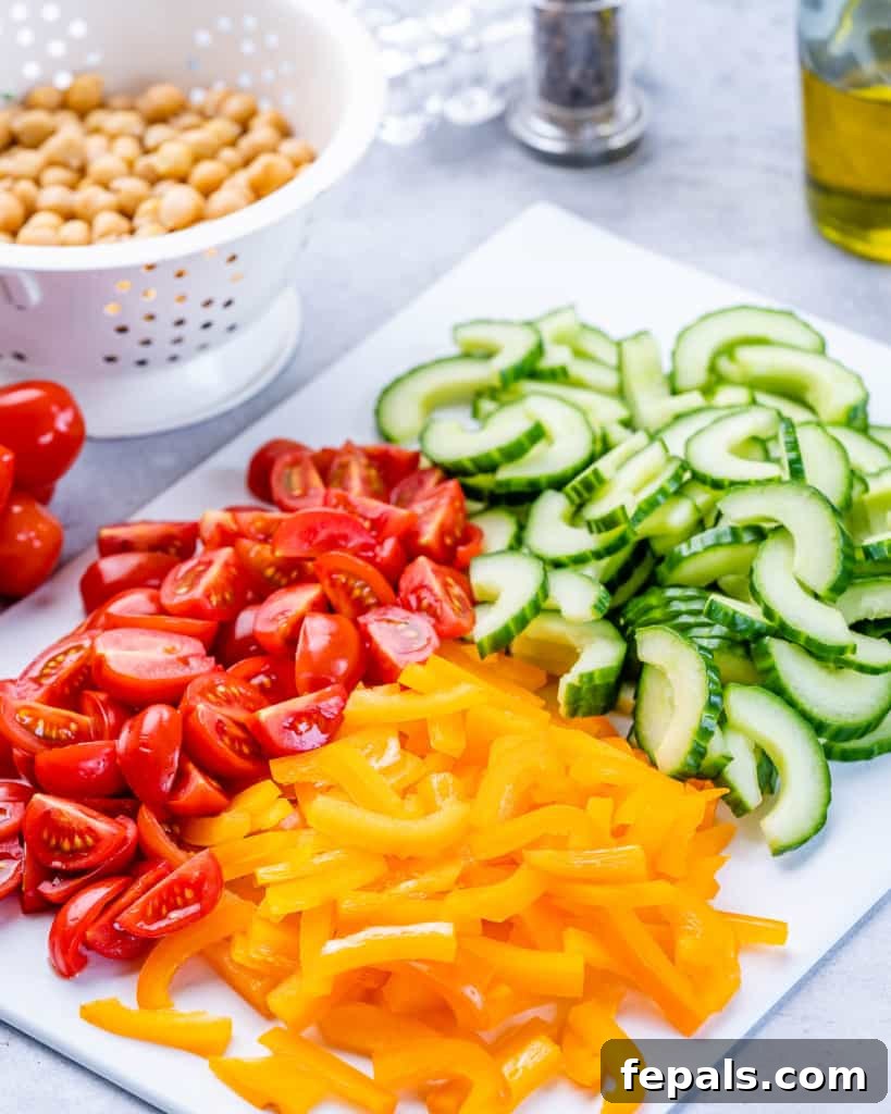 Zesty Greek Garbanzo Medley 5 chopped tomatoes, bell peppers and cucumbers on a platter