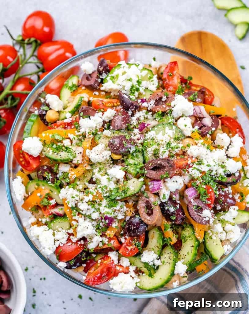 Zesty Greek Garbanzo Medley 9 top view chickpea salad in a bowl