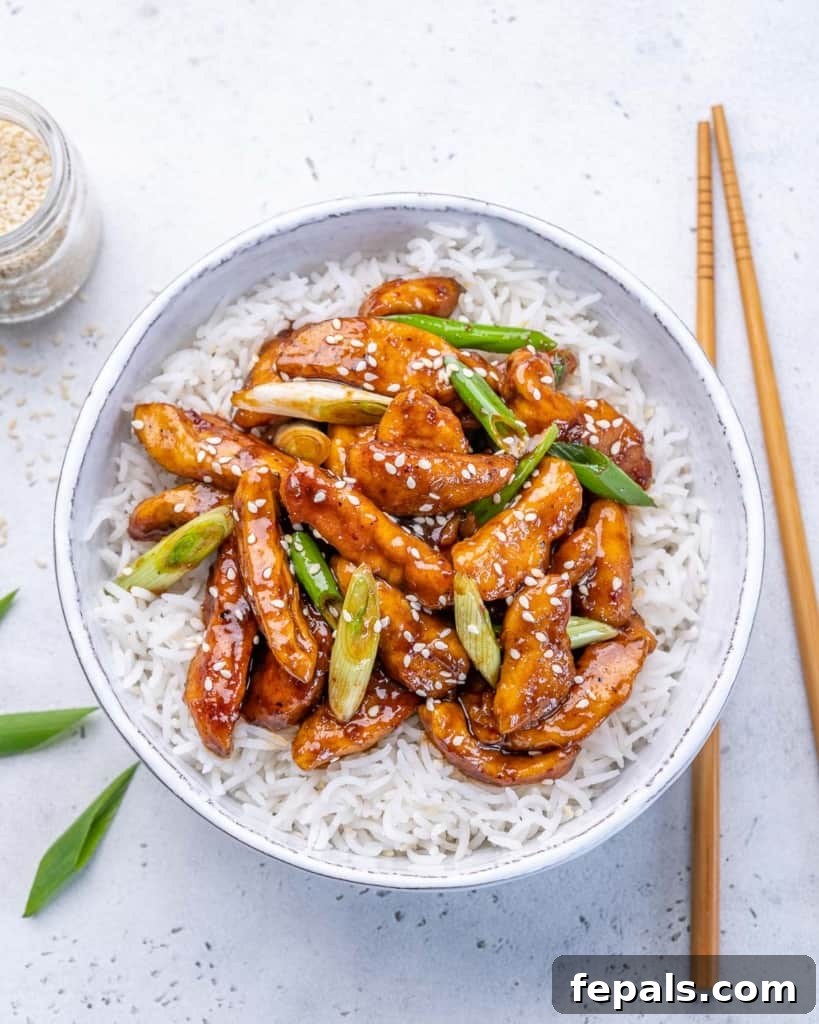 Sticky Garlic Mongolian Chicken 8 top view asian chicken over a bed of rice in a bowl