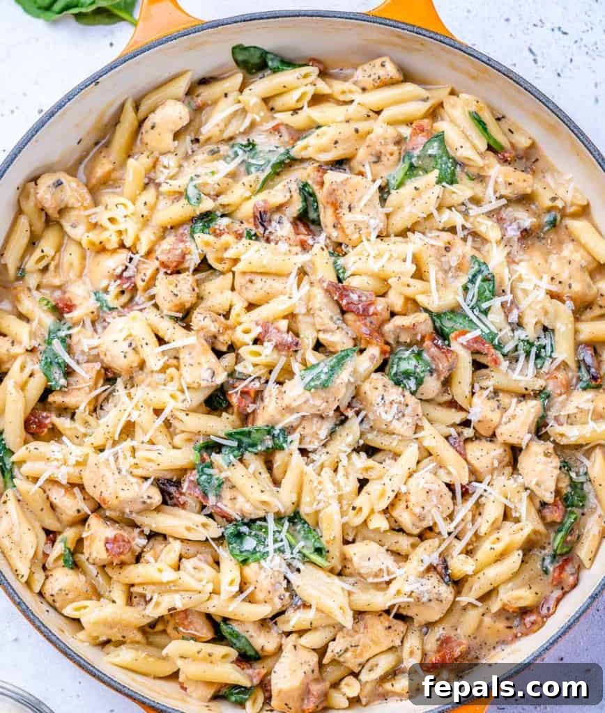 Top-down view of the completed creamy chicken pasta in a skillet, ready to serve.