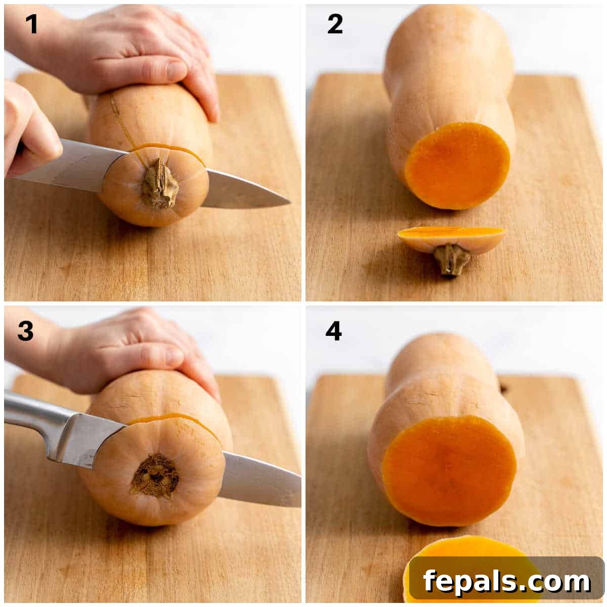 Effortless Butternut Squash Prep 3 The first step in cutting butternut squash: slicing off the top and bottom ends.
