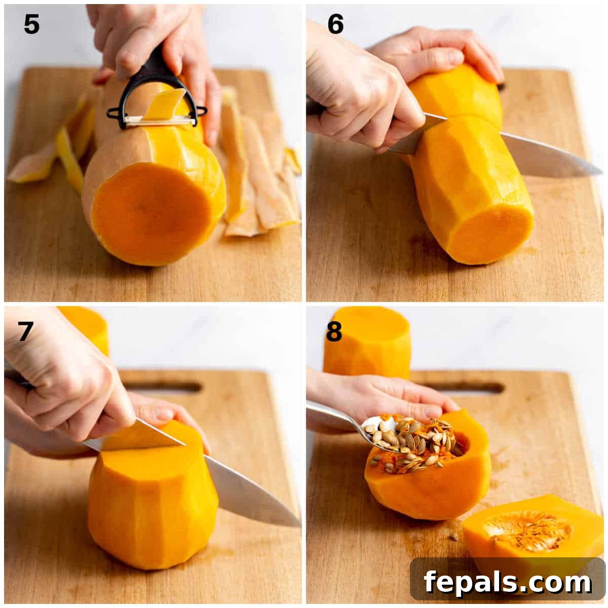 Effortless Butternut Squash Prep 4 A collage showing how to peel butternut squash, cut it in half, and remove the seeds.