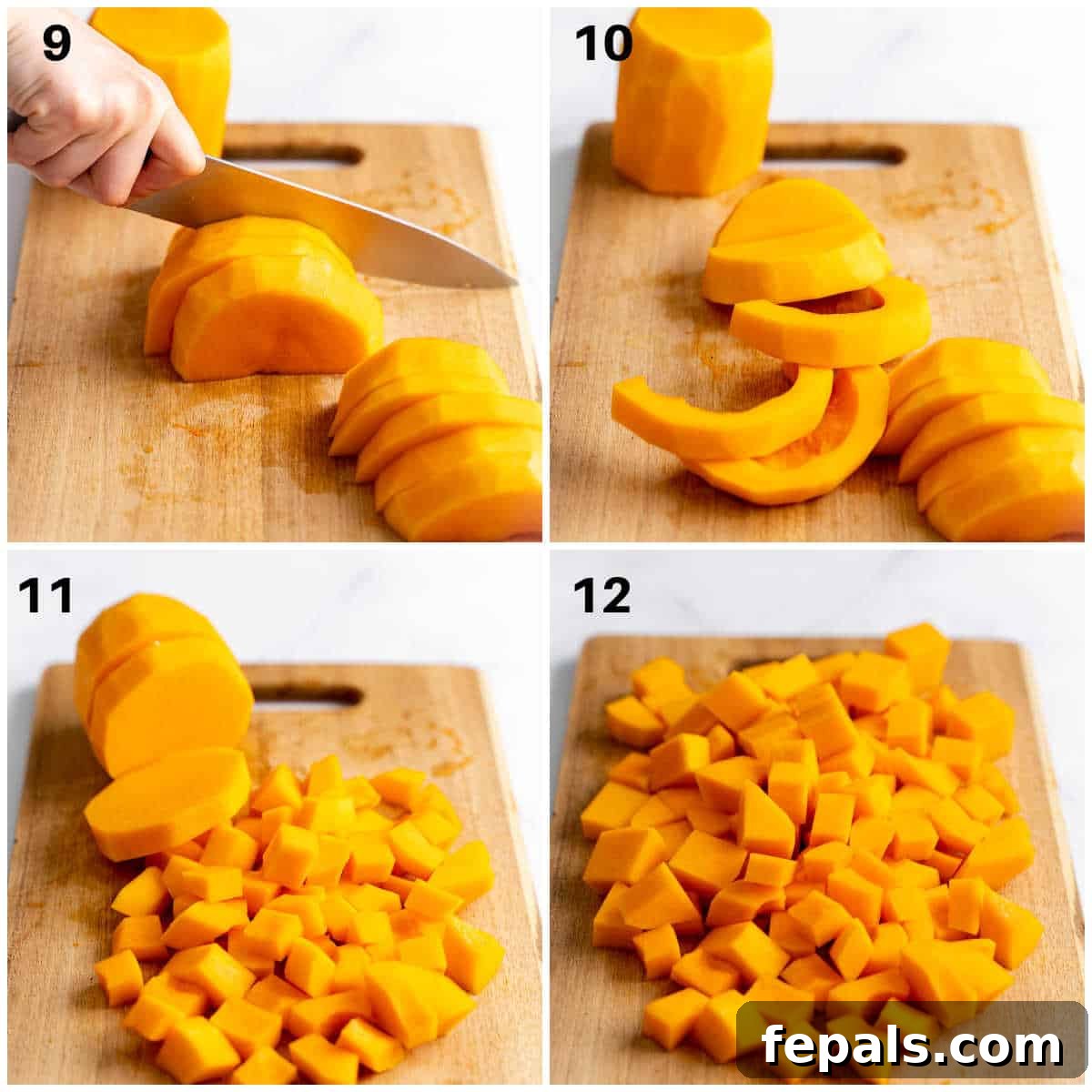 Effortless Butternut Squash Prep 5 A collage image of diced butternut squash on a cutting board, ready for cooking.