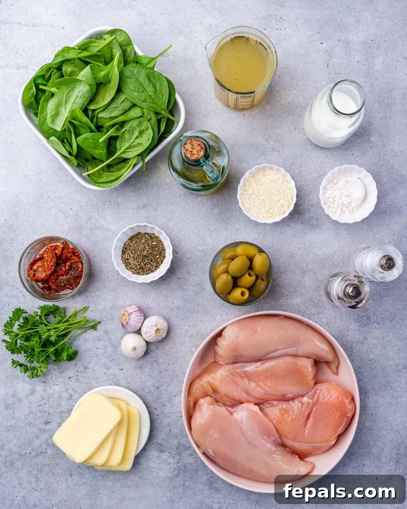 Tuscan Countryside Stuffed Chicken 4 Array of fresh ingredients laid out on a wooden board, including chicken breasts, mozzarella, spinach, sun-dried tomatoes, garlic, and olives, ready to make Tuscan stuffed chicken breast.