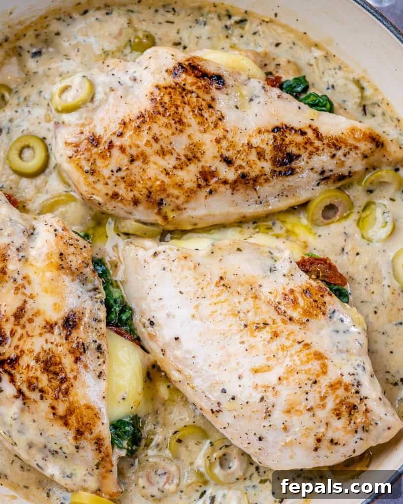Tuscan Countryside Stuffed Chicken 10 Close-up of a beautifully cooked Tuscan stuffed chicken breast, showing the creamy sauce and a sprinkle of fresh parsley.