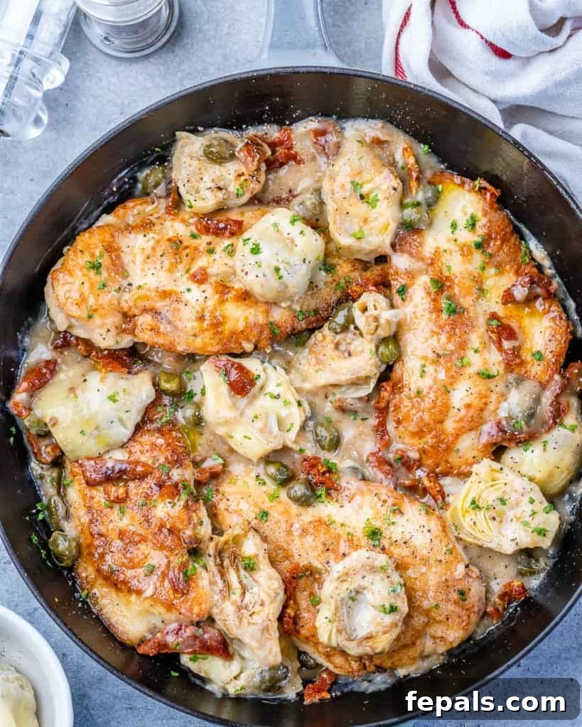 Zesty Mediterranean Skillet Chicken 13 top view of Mediterranean chicken in a skillet