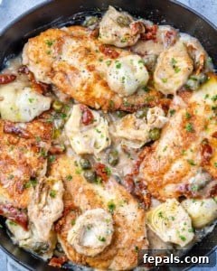 Zesty Mediterranean Skillet Chicken 18 top view chicken breast in a creamy Mediterranean sauce