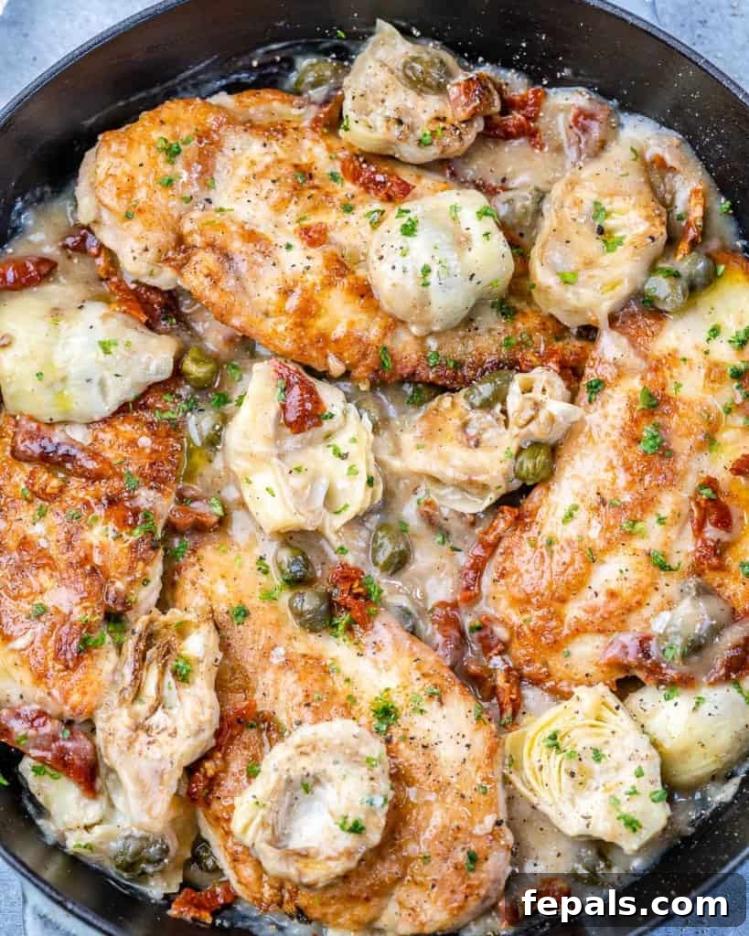 Zesty Mediterranean Skillet Chicken 9 top view chicken breast in a creamy Mediterranean sauce