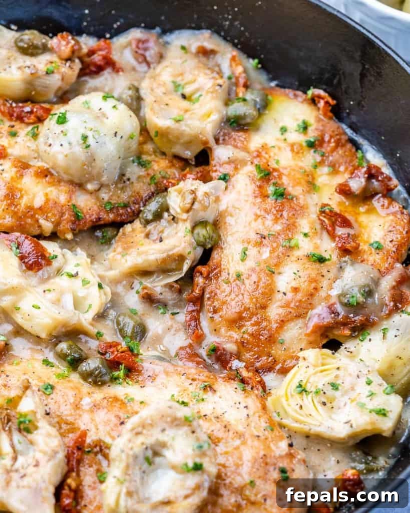 Zesty Mediterranean Skillet Chicken 11 close up view of seared chicken in a black skillet with capers lemon sauce