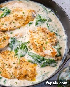 chicken breasts in sauce with spinach.