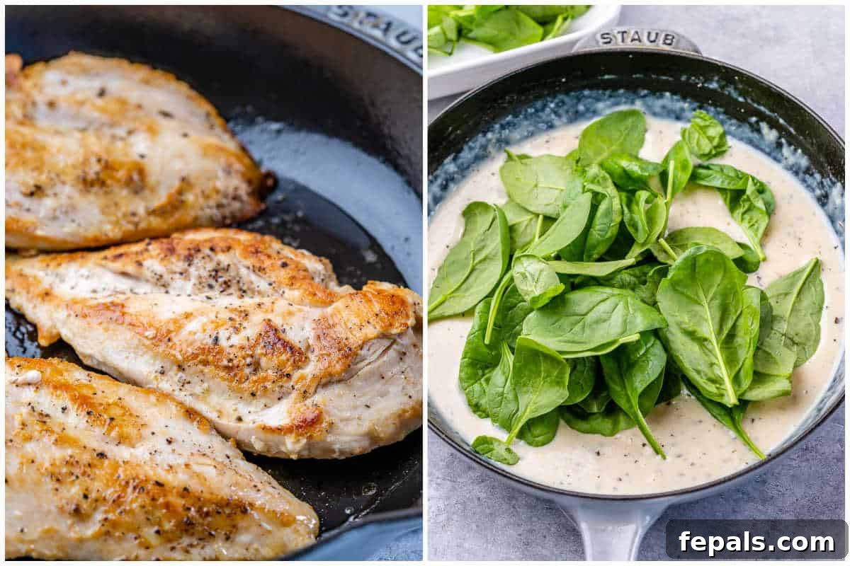 Gourmet Chicken Florentine Made Easy 4 process shot to cook the chicken and make the creamy spinach sauce.